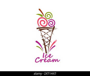 Farbschaufel Eis Dessert oder Eis in Waffelkegel für Gelateria, Vektor-Symbol. Drei Eiskugeln mit Fruchteis in Waffelkegel, Emblem des italienischen Eiscafés oder Schild mit Eisstand Stock Vektor