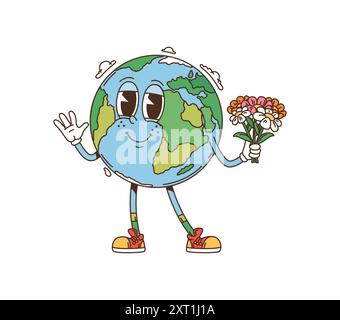 Cartoon-groovige Space-Planet-Figur, die einen Blumenstrauß und eine winkende Hand hält. Verspielte und farbenfrohe Globus-Persönlichkeit im Retro-Stil, die fröhlich lächelt, stellt globales Glück dar Stock Vektor