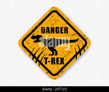 Dinosaurier-Warnschild, Kratzspuren und Vektorsilhouette von tyrannosaurus auf grunge gelbem Diamantschild. Dinosaurier-Warnaufkleber, halten Sie sich fern oder Vorsicht mit lustigem t-rex Dino Stock Vektor