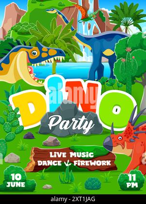 Dinosaurier auf Kindergeburtstag-Flyer. Vektor-Einladungsplakat, Werbevorlage für Kinder Event Feier mit lustigen Zeichentrick prähistorischen Dino in jurassischer Umgebung Landschaft mit Wasserfall Stock Vektor