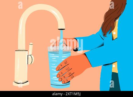 Eine Person, die ein Glas Wasser aus einem Wasserhahn füllt. Wasserhahn, Wasser, Glas, Hände, Füllung. Eine Person füllt ein Glas mit Wasser aus einem Küchenhahn mit Stockfoto