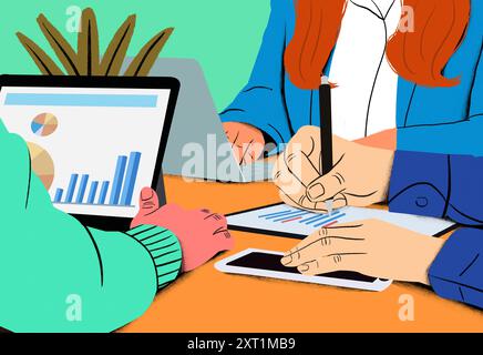 Mitarbeiter, die an einem Schreibtisch mit Tablets, Laptops und Dokumenten zusammenarbeiten. Teamwork, Technologie, Business, Meeting, Analyse zwei Fachleute arbeiten an einem Stockfoto