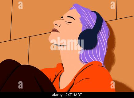 Eine junge Frau mit Kopfhörern lehnt sich zurück und genießt Musik. Entspannen, Musik, Kopfhörer, Hören, Ruhe. Frau mit lila Haaren, die Musik auf Schwarz genießt Stockfoto