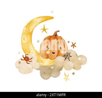 Ein süßer Kürbis mit einer Spinne in den Wolken mit einem Mond unter den Sternen. Aquarellillustration für Happy Halloween. Clipart für Karten, Grüße, Inv Stockfoto