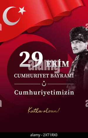 29 ekim CUMHURIYET BAYRAMI, Kutlu olsun, vertikales Banner mit Mustafa Kemal Atatürk. Übersetzung - Alles Gute Zum 29. Oktober, Tag Der Republik. Vektorposter Stock Vektor