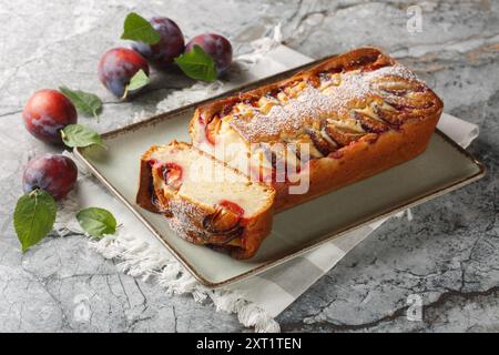 Frisch gebackener Biskuitkuchen mit Pflaumen und Joghurt in Nahaufnahme auf einem Teller auf dem Tisch. Horizontal Stockfoto