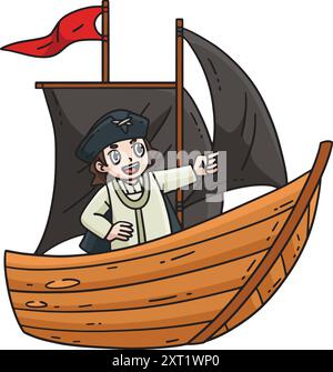 Columbus Day man on the Ship Cartoon Clipart Stock Vektor