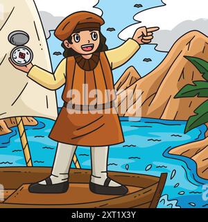 Columbus Day Explorer mit Kompass farbigem Cartoon Stock Vektor