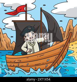 Kolumbus Day man on the Ship Coloured Cartoon Stock Vektor