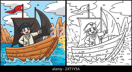 Kolumbus Day man on the Ship Coloring Illustration Stock Vektor