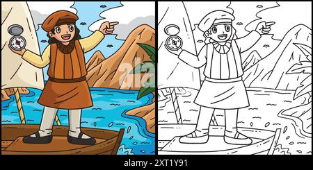 Columbus Day Explorer mit Kompass-Illustration Stock Vektor