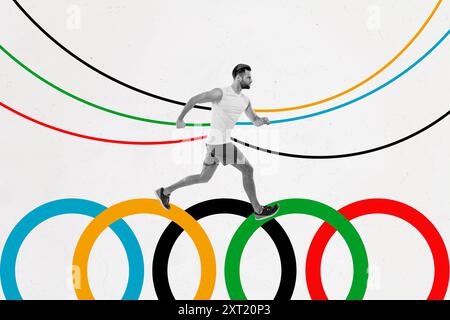 Collage-Bild-Skizze eines Sportmannes, der ein Sprintturnier auf gemaltem kreativem Hintergrund läuft Stockfoto