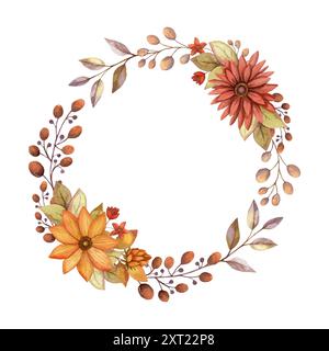 Herbstblumenkranz mit Aquarellfarbe Aster und Beerenzweig. Handgezeichneter roter und oranger Blumenrahmen mit Blüten im rustikalen Stil. Perfekt für Stock Vektor