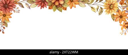 Horizontaler Bannerrahmen für Herbstblumen mit Aquarellblüte und Blattzweig. Handgezeichnete Eckschablone mit Blumenmuster im rustikalen Stil. Perfekt für Stock Vektor