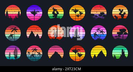 Grunge Vintage Sunset Kollektion. Farbenfrohe gestreifte Sonnenaufgangsabzeichen im Stil der 80er und 90er Jahre. Blick auf Sonne und Meer, Sommerstimmung, Surfen. Designelement für Stock Vektor