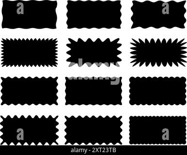Satz rechteckiger Rahmen mit Zickzackrand. Ungleichmäßige rechteckige Zickzack-Formen. Gezacktes Rechteck. Isolierte Elemente für die Gestaltung von Textfeld, Abzeichen, b Stock Vektor