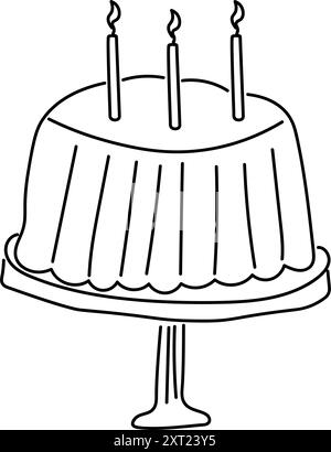 Leckerer Kuchen mit Kerzen auf einem Ständer. Perfekt für Geburtstagskarten, Hochzeiten, Partys, Jubiläen. Moderner, trendiger Doodle-Stil. Vektorillustra Stock Vektor