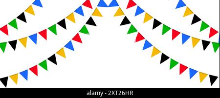 Rote, grüne, schwarze, gelbe und blaue Flaggengirlande. Dreieck-Wimpelkette. Partydekoration. Festflaggen zur Dekoration. Vektorabbildung Stock Vektor