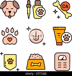 Haustiere Vitamine Farbsymbole Set. Verschiedene Arten von Hundemedizin, Vitaminen und Nahrungsergänzungsmitteln. Einfache flache Vektorsymbole für ui und ux, Website oder Mobilgerät A Stock Vektor