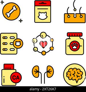 Haustiere Vitamine Symbole Set. Verschiedene Arten von Haustiermedizin, Vitaminen und Nahrungsergänzungsmitteln. Einfache Farbvektorsymbole für ui und ux, Website oder mobile Anwendungen Stock Vektor
