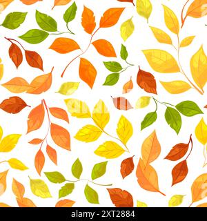 Bunte Herbstblätter in verschiedenen Farben und Formen auf weißem Hintergrund. Nahtloses Musterkonzept. Vektorabbildung Stock Vektor