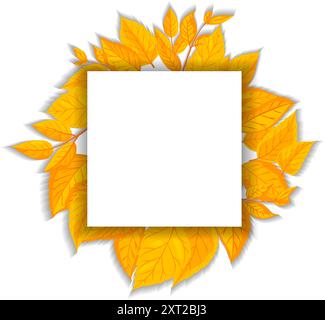 Der Herbst hinterlässt ein Randdesign mit einem leeren weißen Quadrat in der Mitte. Hellgelbe Blätter auf weißem Hintergrund. Konzept der Herbstsaison und der Natur Stock Vektor
