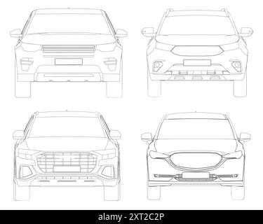 Konturensatz verschiedene Modelle von Autos. Vektorabwicklungsdarstellung. Vektorillustration Vorderansicht des Fahrzeugs Stock Vektor