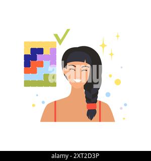 Eine Illustration einer Frau mit positivem Denken und farbenfrohen Elementen. Stock Vektor