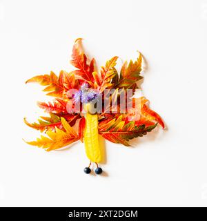 Bunte Feenfiguren aus Blättern und Blumen, herbstliches Handwerk, diy-Ideen, Cepativity, orangener Pfau Stockfoto