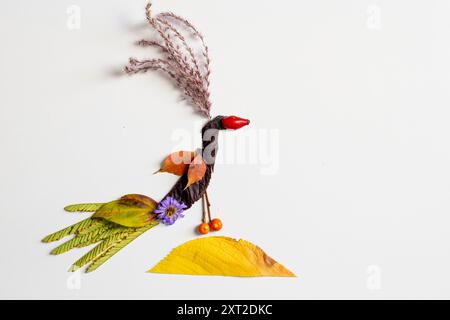 Farbenfrohe Feenfiguren aus Blättern und Blumen, herbstliches Handwerk, diy-Ideen, Zepterie, farbenfroher Pfau Stockfoto