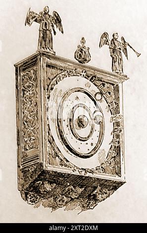 Die astronomische Uhr des Wimborne Minster (oryall) aus dem 14. Jahrhundert befindet sich im Wimborne Minster in Dorset und gilt als „eine der ältesten Arbeitsuhren Europas. Er soll von einem Mönch aus Glastonbury, Peter Lightfoot, gebaut worden sein. Die ursprüngliche Figur eines Mönchs, der als Viertelheber verwendet wurde, wurde durch die eines Grenadiers ersetzt Stockfoto