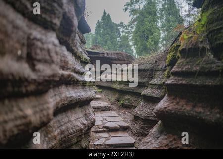 Schmaler Steinweg, der sich durch Felsformationen schlängelt, die in einer natürlichen abgeschiedenen Umgebung nach oben führen Stockfoto