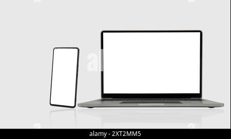 Modernes Laptop-Modell Vorderansicht und Smartphone-Modell hohe Qualität isoliert auf weißem Hintergrund. Notebook-Modell und Telefon-Modell für ui ux-App Stockfoto