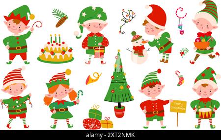 Weihnachtselfen. Santa Elf, Weihnachtshelfer mit Geschenken, Süßigkeiten, Dekorationen. Winterferienwesen in Kostümen und Hüten, heute Vektorset Stock Vektor