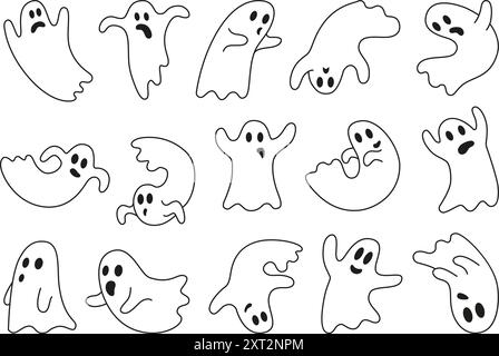 Geister kritzeln. Skizzieren Sie den Zeichentrickgeist in verschiedenen Posen. Gruselige furchterregende halloween-Charaktere fliegen, lustige Phantasmen neoterische Vektor-Sammlung Stock Vektor