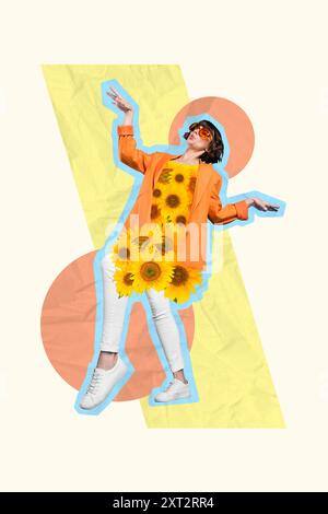 Composite Collage Bild von lustigen tanzenden weiblichen Sonnenblumenkleidern Mode Fantasy Reklametafeln Comics Zine minimal Stockfoto