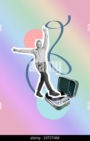 Vertikale Composite Artwork kreative Fotocollage von lustigen positiven alten Mann tanzt auf Schallplatte isoliert auf bunten Hintergrund Stockfoto