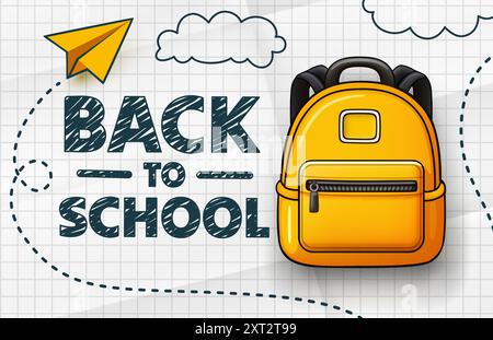 Zurück zur Schule, Rucksack auf Papierhintergrund. Vektor Stock Vektor