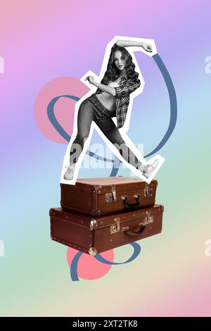 Composite Collage-Bild einer lustigen weiblichen tanzenden Pile Valise Reise Diskotheque Freak bizarr ungewöhnliche Fantasie Stockfoto