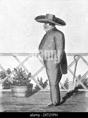 Die letzte Phase: Napoleon in seinem Garten in Longwood, 1909. In St. Helena beschäftigte sich Napoleon hauptsächlich mit dem Schreiben seiner eigenen Memoiren und Meinungen und dem Lesen und Kommentieren von Werken, die seine Karriere betreffen. Eine Skizze aus dem Leben in Longwood, April 1820. Der Name des Autors dieser Skizze ist nicht in M. [Philippe] Gonnards Buch [„das Exil von St. Helena“] angegeben. Aus Illustrated London News, 1909. Stockfoto