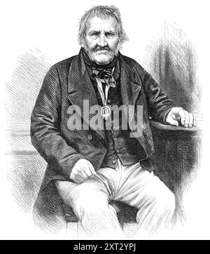 Matthew Greathead aus Richmond, Yorkshire, 100 Jahre alt, 1870. Gravur von einem Foto von Mr. Riley. "...viele von uns können bezeugen, dass sie unter unseren persönlichen Bekannten zwei oder drei alte Männer oder Frauen kennen, die vor ihrem Tod fast 100 bis 90 Jahre alt waren. Wir wurden von Reverend C. H. Drinkwater, Kurat von Richmond, in Yorkshire, bevorzugt, mit einer Mitteilung, die Matthew Greathead, einen Nachbarn von ihm, respektiert. der sein hundertstes Jahr am 23. April erreichte, wurde an diesem Tag 1770 in der Gemeinde High Coniscliffe in der Grafschaft geboren Stockfoto