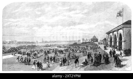 Eröffnung des Stanley Park, Liverpool, 1870. „Der Boden für diesen neuen Park ist sehr hoch und bietet ein Panorama von South Lancashire und Cheshire, mit der Küste, den fernen Bergen von Nordwales, einigen der North Yorkshire Hills... und dem Peak of Derbyshire; aber letztere werden häufig vom Rauch der Fabrikbezirke verdeckt. Der Park ist schön angelegt, mit einer Terrasse, Rasenflächen und Sträuchern, einem See, und Brücken darüber, arrangiert von Mr. Kemp, Landschaftsgärtner... das Land, das zu den Woodlands und Walton Lodge gehört, wurde vom Stadtrat gekauft, zusammen mit anderen L Stockfoto