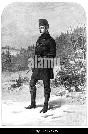 Prinz Arthur in Kanada, 1870. "Die Rückkehr seiner Königlichen Hoheit Prinz Arthur aus den Vereinigten Staaten in den Sitz der britisch-amerikanischen Regierung in Ottawa wurde per Telegraph berichtet... Wir haben von Mr. W. Notman, Fotograf, aus Montreal, Ottawa und Toronto, empfangen. mehrere ausgezeichnete Porträts seiner Königlichen Hoheit und seiner Herren in den Kostümen, die sie bei einer öffentlichen Gelegenheit getragen haben, und eines davon, das graviert ist, zeigt den Prinzen halb in Uniform, halb in einem Wanderkleid, das für einen kanadischen Winter geeignet ist. Die Temperatur zu dieser Jahreszeit, bis Stockfoto