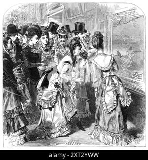 An der Royal Academy [in London], 1870. 'Die Kommentare einer Dame... können von dem erfahrensten Kritiker mit Vorteil mitgehört werden. Die feminine Schnelligkeit der äußeren Wahrnehmung und die präzise Erinnerung an einzelne Details in der Landschaft oder im Kostüm können den Wunsch nach einer wissenschaftlichen Grundlagenforschung wettmachen... „das gefällt mir so sehr!“ Und...„Oh! Ist das nicht schön?“ Sind alltägliche Ausdrücke der Zustimmung... Frauen sind qualifiziert, die Stimmung oder moralische Absicht zu spüren, die der Künstler zu vermitteln versucht hat; sie enter...into den Geist seiner Arbeit, besonders wenn sie dies repräsentiert Stockfoto