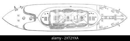 Deckplan der H.M. Schiffzerstörung, 1871. Das neue Schiff ist das erste ihrer Klasse, das noch gebaut wurde. Es ist ein seegestützter Monitor mit 35 Tonnen Geschützen und geschützt durch die Dicke von 14 Zoll, 12 Zoll und 10 Zoll. Panzerplatte. Sie hat keine Masten oder Segel. Sie wurde von Mr. E. J. Reed, C.B., dem verstorbenen Chief Constructor der Navy, entworfen. Sie ist nicht für lange Schifffahrten auf See bestimmt, sondern als mächtigstes Kampfschiff, das eine große Menge Kohle transportieren und sehr lange Reisen Unternehmen kann. Der Rumpf ist 285 Fuß. Die Außenhaut des Rumpfes wurde aus einer Eisenbeschichtung gefertigt, die den meisten Belastungen ausgesetzt ist Stockfoto