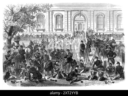 Die Unruhen in Paris: Truppenbiwakie im Garten und Innenhof der Luxemburger 1870. "Paris war während der Abstimmung über den Pl&#xe9;Biszit buchstäblich mit Truppen überfüllt, und die französische Regierung hat alle Vorkehrungen getroffen, um jegliche Art von Störungen zu unterdrücken, die während der Abstimmung auftreten könnten... die Gravur zeigt das Biwak in den öffentlichen Gärten des Palastes. Im Vordergrund stehen die Soldaten, die das Abendmahl inmitten der Artilleriepferde vorbereiten, die an den Geländern befestigt sind. Die Kanonen und Gewehre wurden im Innenhof des Palastes platziert, durch den man hindurchsehen kann Stockfoto