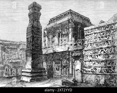 Indische Architektur: Die Kylas in Ellora, (Hindu, 9. Oder 10. Jahrhundert), 1870. Kupferstich einer Fotografie von Shephard und Bourne aus Kalkutta. „Als Illustration der hinduistischen Architektur des 9. Oder 10. Jahrhunderts haben wir das ausgewählt, was indische Reisende gut kennen - nämlich die Kylas in Ellora, die etwa 200 Meilen nordöstlich von Bombay liegt. Dieser Tempel ist aus dem Felsen gehauen, und seine Konstruktion ist so, dass niemand ohne Schwierigkeiten die Geduld und Arbeit begreifen kann, die seine Produktion nötig haben muss. Es wurde auf einem Hügel ausgegraben, und dies alles Stockfoto