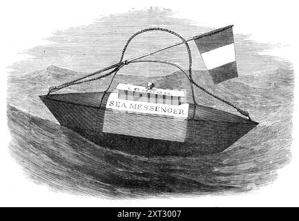 Der Sea-Messenger, um Briefe von Schiffen in Gefahr zu übermitteln, 1870. Das kleine Schiff, das in unserer Illustration dargestellt wird, wurde von Mr. J. A. R. Vandenbergh erfunden, um mit Briefen und Papieren eines Schiffes zu befördern, das Gefahr läuft, auf See zu untergehen oder zu zerstören. In einem solchen Fall wird es als das beste Mittel zur Aufbewahrung von Aufzeichnungen und wichtigen Dokumenten und aller Wahrscheinlichkeit nach für ihre Beförderung durch die Förderung von Wind und Gezeiten zu nahe oder weit entfernten Ufern dienen. Es ist sicherlich viel besser als die gewöhnliche Glasflasche, die von jedem Floati zerbrochen werden kann Stockfoto