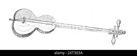 Musikinstrumente im South Kensington Museum: Gunibry oder Maurische Gitarre, 1870. "Die Gunibry, eine unhöfliche Konstruktion, besteht aus einem halben Kürbis, bedeckt mit Schaffell und mit zwei Katzendarmsaiten ausgestattet, die mit einer gespaltenen Feder gespielt werden. [Es wird von] arabischen Musikern gespielt]. Aus Illustrated London News, 1870. Stockfoto