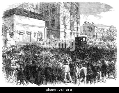 Die Beerdigung von Victor Noir in Neuilly, 1870. Am 11. Januar 1870 wurde Noir, ein Journalist der Zeitung Marseillaise, von Prinz Pierre Bonaparte, einem Cousin des Kaisers Napoleon III. Erschossen und getötet. Die Beerdigung fand '...in auf dem Friedhof von Neuilly statt. und es war befürchtet worden, dass irgendeine Verletzung des Friedens, die zu einem sanguinösen Konflikt führte, an der vorgeschlagenen Demonstration teilgenommen hätte. Der Vater und Bruder des Verstorbenen, Messrs. Salmon, weigerten sich jedoch, diese Trauerzeremonie in eine Ausstellung politischer Unzufriedenheit oder einen spannenden Appell an die Gefühle der Verstorbenen umzuwandeln Stockfoto